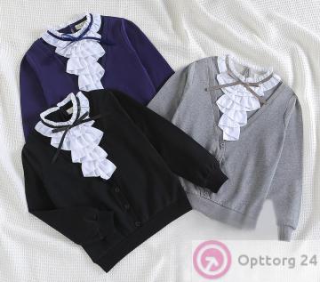 Школьный джемпер с имитацией блузки для девочки купить оптом