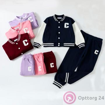 Костюм подростковый спортивный для девочки из хлопка куртка и брюки, темно-синий купить оптом