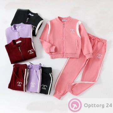Костюм подростковый спортивный для девочки из хлопка куртка и брюки, светло-розовый купить оптом