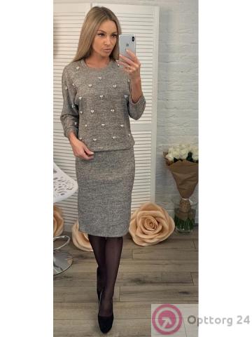 Костюм женский серого цвета из ангоры (юбка и кофта) купить оптом