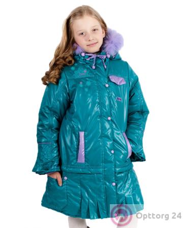 Пуховик для девочки бирюзовый с фиолетовой опушкой купить оптом