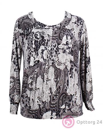 Блуза женская с отделкой из трех матерчатых цветков, круглый вырез купить оптом