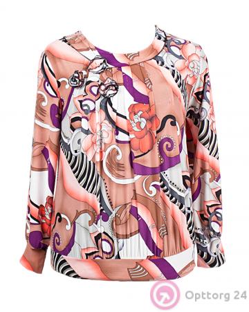 Блузка женская яркой расцветки с тремя цветками у ворота купить оптом