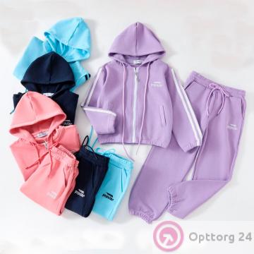 Костюм подростковый спортивный для девочки из хлопка куртка и брюки, фиолетовый купить оптом