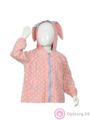 Куртка детская для девочки кремово-розового цвета с ушками на капюшоне купить оптом