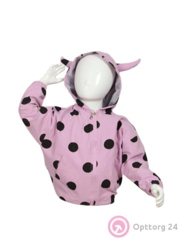 Куртка детская для девочки розового цвета в горошек с рожками купить оптом