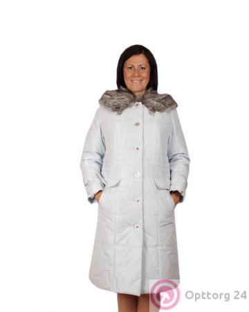 Пальто на синтепоне женское  демисезонное серо-голубого цвета с мехом купить оптом