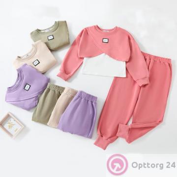 Костюм подростковый спортивный для девочки из хлопка куртка и брюки, розовый купить оптом