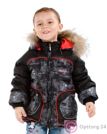 Пуховик для мальчика черный с белым принтом купить оптом