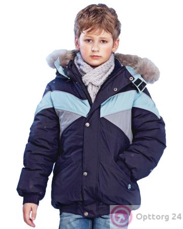 Пуховик для мальчика темно-синий с серо-голубыми вставками купить оптом