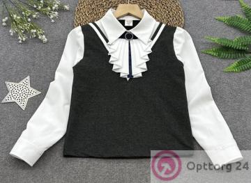 Блузка для девочки имитация с жилетом и галстуком серого цвета купить оптом