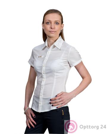 Блузка короткий рукав белого цвета с украшенным воротником купить оптом