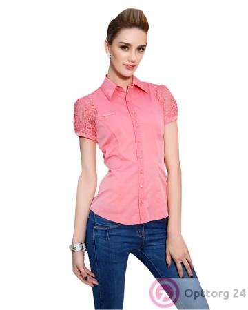 Блузка короткий рукав коралловая с кружевом на рукавах купить оптом