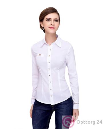 Блузка длинный рукав белого цвета с вставками возле манжетов купить оптом