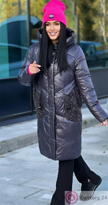 Пальто зимнее женское цвет мокрый асфальт с отливом купить оптом