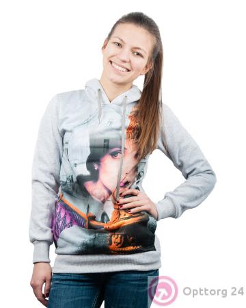 Толстовка женская серая с актуальным принтом купить оптом