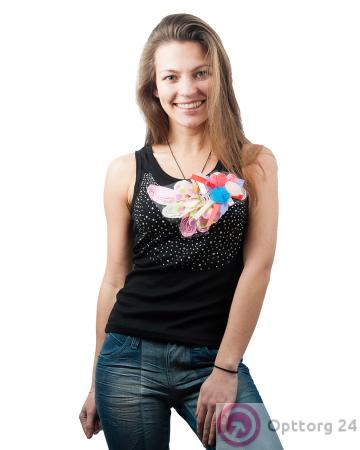 Майка женская черная с объемным декором и стразами купить оптом