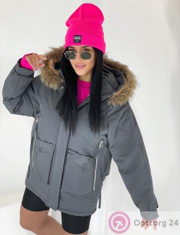 Куртка зимняя женская с натуральным мехом цвет серый купить оптом