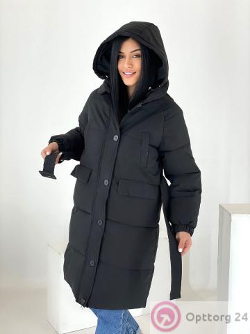 Пальто зимнее женское черного цвета с поясом купить оптом
