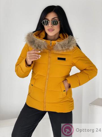 Куртка зимняя женская с натуральным мехом цвет горчичный купить оптом
