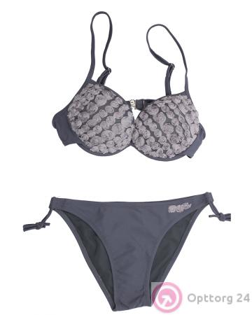 Купальник женский серый с декором "Розы" купить оптом