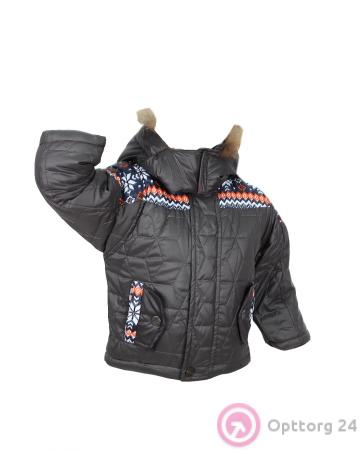 Пуховик для мальчика с натуральным мехом черный с узором купить оптом