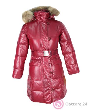 Пуховик подростковый для девочки с натуральным мехом малиновый купить оптом