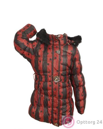 Пальто детское темно-красного цвета в черную полоску купить оптом