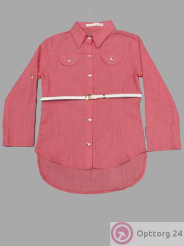 Детская удлиненная блузка с ремнем розового цвета  и длинным рукавом. купить оптом