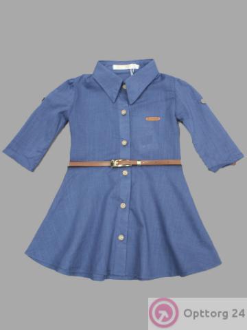 Рубашка для девочки  модель синего цвета удлинённая с поясом. купить оптом