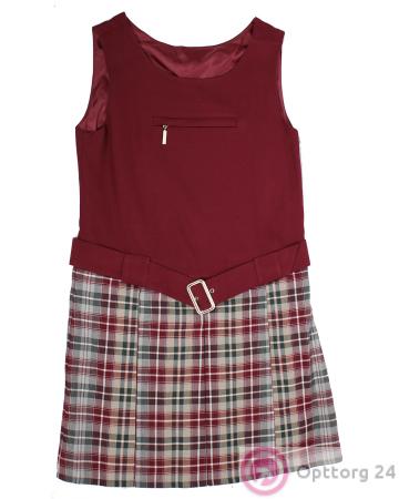 Сарафан для девочки бордовый с клетчатой юбкой купить оптом