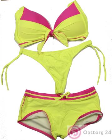 Женский купальник тройка  ярко  желтого цвета  с розовыми вставками купить оптом