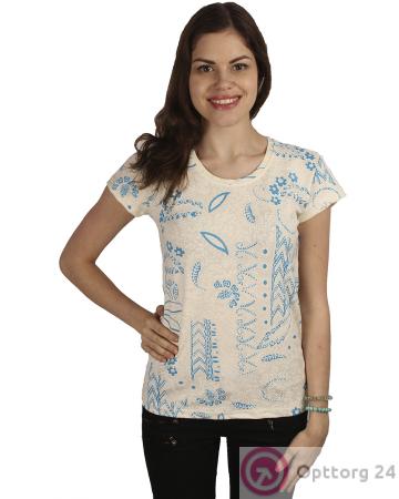Женская футболка кремового цвета с голубым принтом. купить оптом
