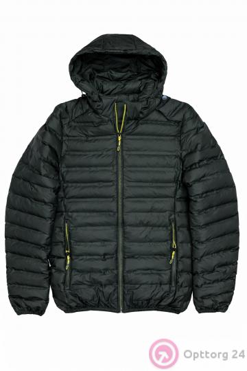 Куртка мужская стеганная на синтепоне с капюшоном темно-зеленого цвета купить оптом