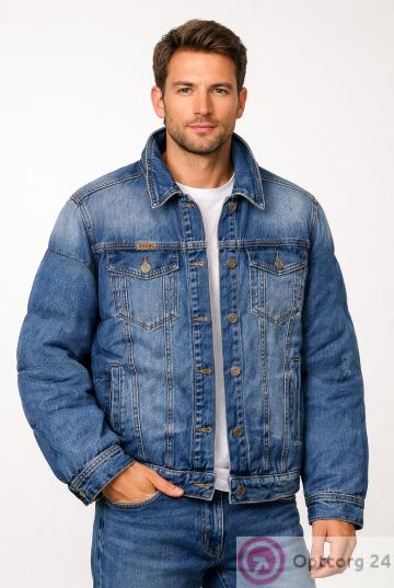 Куртка мужская джинсовая с четырьмя карманами и воротом купить оптом