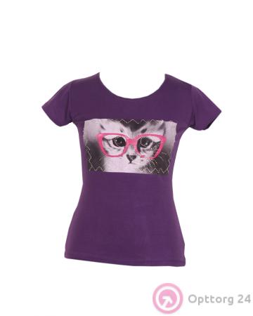 Футболка женская фиолетовая с рисунком котика в очках купить оптом