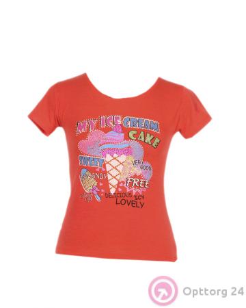 Футболка женская кораллового цвета с рисунком мороженого купить оптом