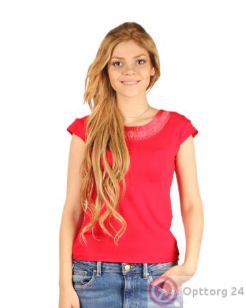 Футболка женская красная с гофрированным воротником купить оптом