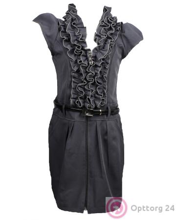 Сарафан детский серого цвета с рюшами и ремнём купить оптом