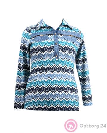 Рубашка женская в голубых тонах с имитацией нагрудных карманов купить оптом